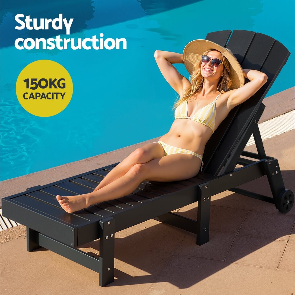 Gardeon Sun Lounge Beach Chair HDPE Adirondack Lounger Patio Outdoor Furniture with Wheels Black | Outdoorium