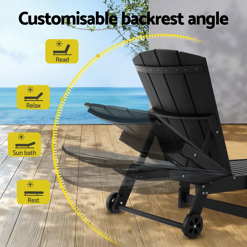 Gardeon Sun Lounge Beach Chair HDPE Adirondack Lounger Patio Outdoor Furniture with Wheels Black | Outdoorium