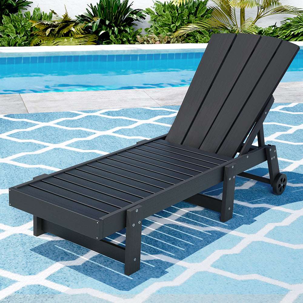 Gardeon Sun Lounge Beach Chair HDPE Adirondack Lounger Patio Outdoor Furniture with Wheels Black | Furniture > Outdoor > Outdoor Tables