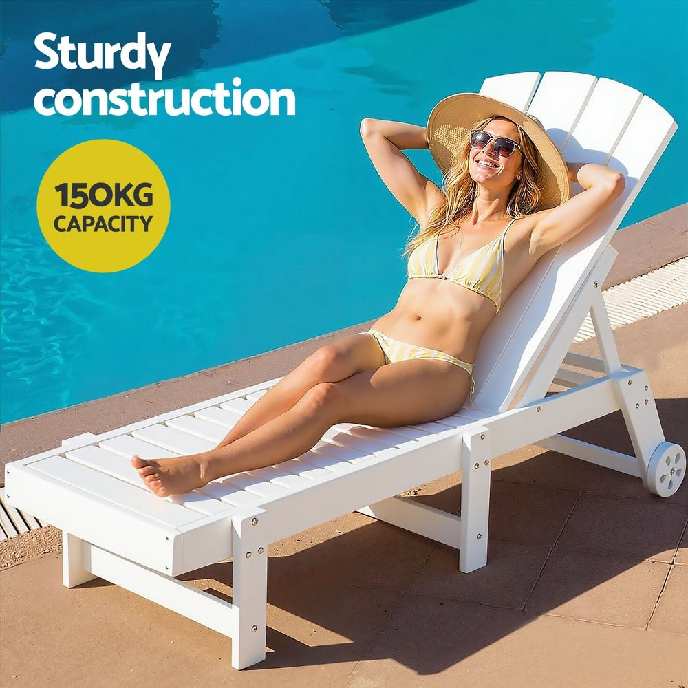 Gardeon Sun Lounge Beach Chair HDPE Adirondack Lounger Patio Outdoor Furniture with Wheels White | Outdoorium