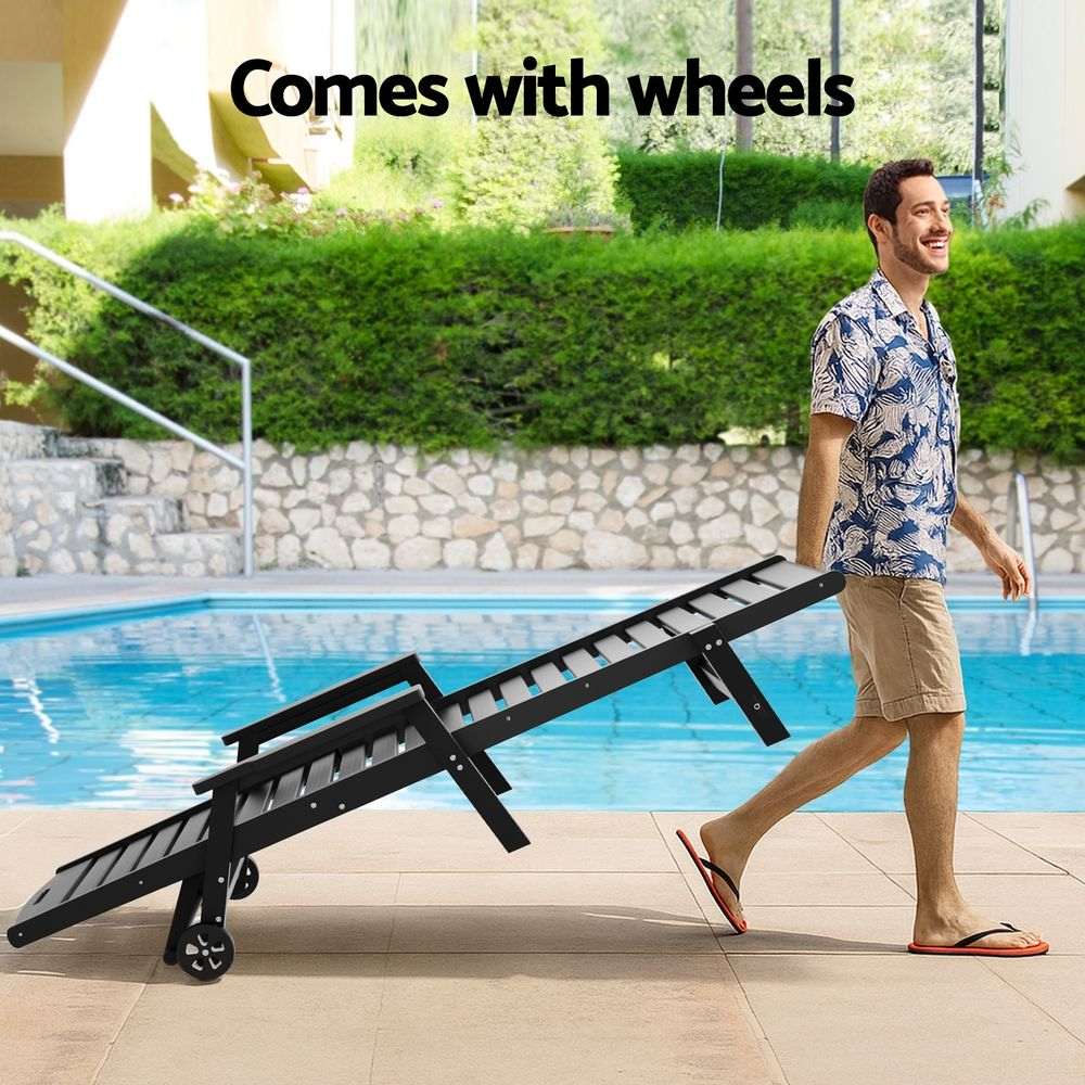 Gardeon Sun Lounge Lounger Beach Chair HDPE Patio Outdoor Furniture with Wheels Black | Furniture > Outdoor > Outdoor Chairs