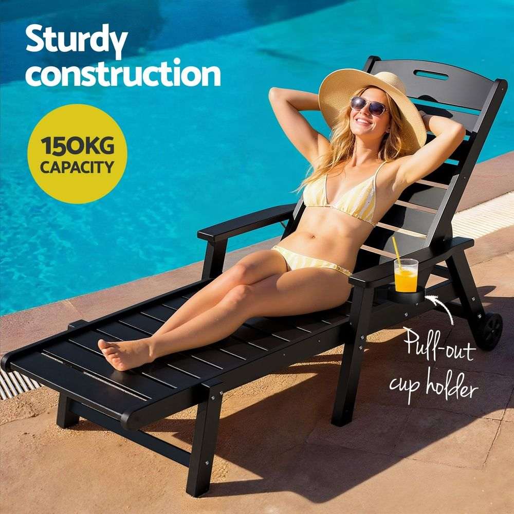 Gardeon Sun Lounge Lounger Beach Chair HDPE Patio Outdoor Furniture with Wheels Black | Furniture > Outdoor > Outdoor Chairs