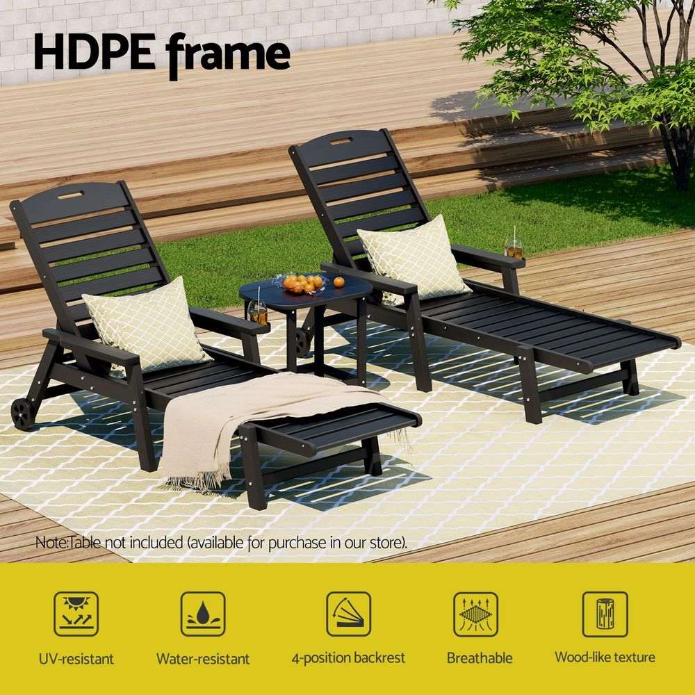 Gardeon Sun Lounge Lounger Beach Chair HDPE Patio Outdoor Furniture with Wheels Black | Furniture > Outdoor > Outdoor Chairs