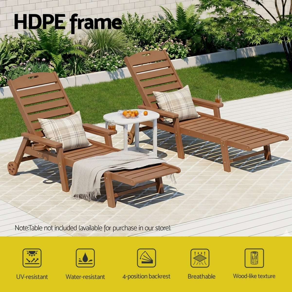 Gardeon Sun Lounge Lounger Beach Chair HDPE Patio Outdoor Furniture with Wheels Brown | Furniture > Outdoor > Outdoor Chairs