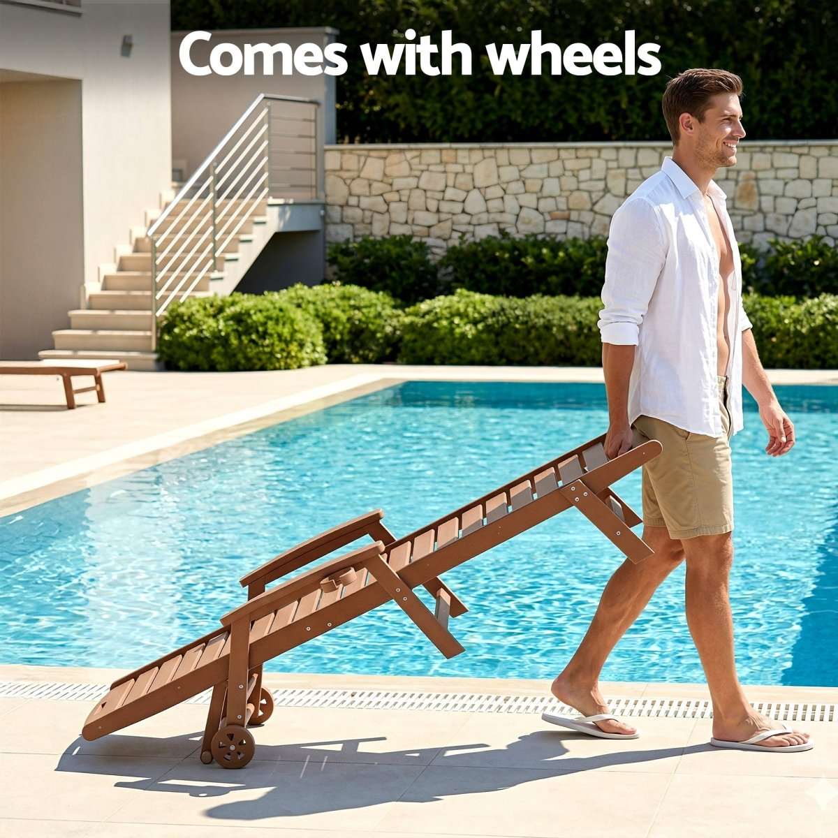Gardeon Sun Lounge Lounger Beach Chair HDPE Patio Outdoor Furniture with Wheels Brown | Furniture > Outdoor > Outdoor Chairs