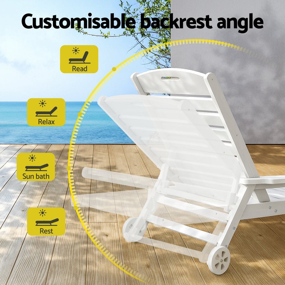 Gardeon Sun Lounge Lounger Beach Chair HDPE Patio Outdoor Furniture with Wheels White | Outdoorium