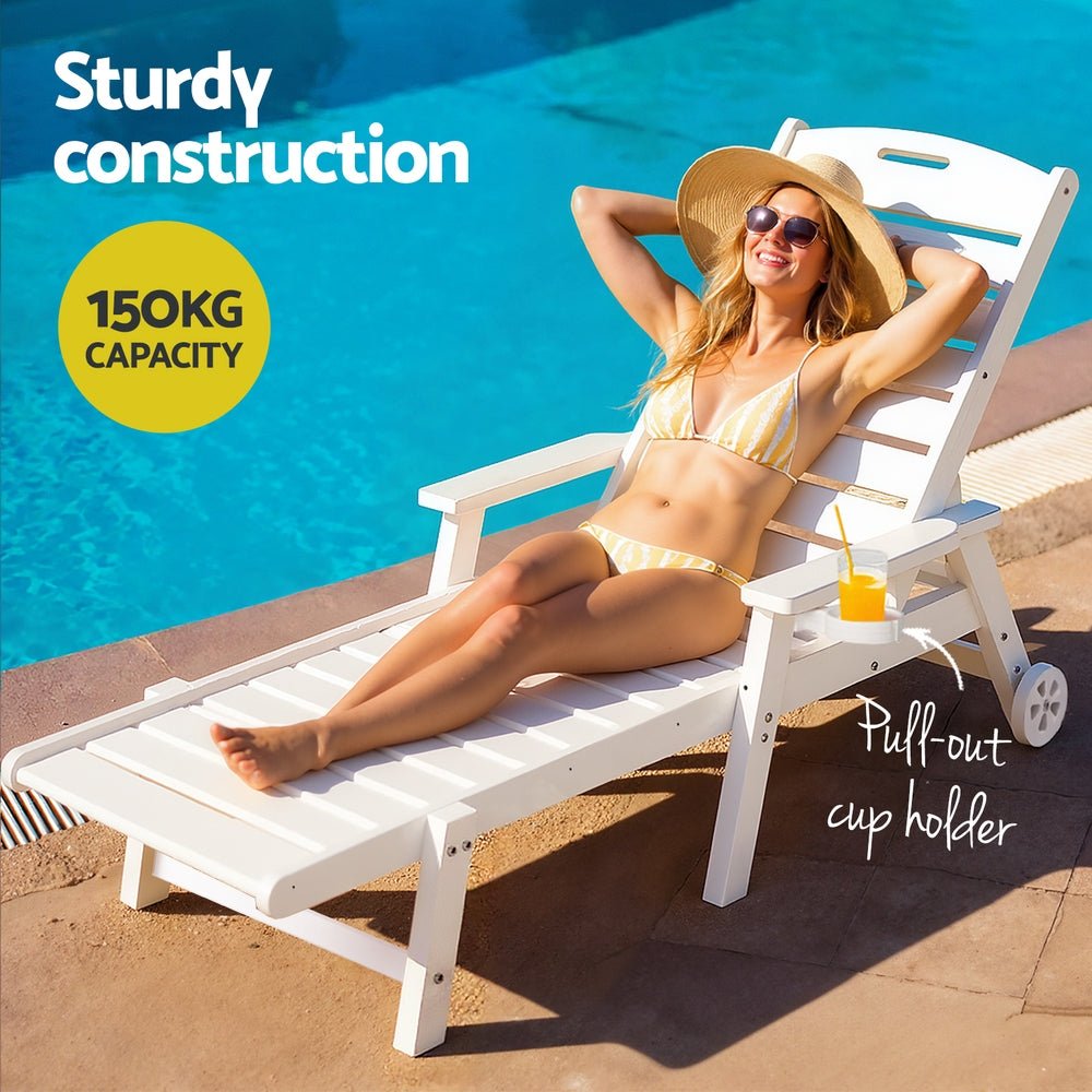 Gardeon Sun Lounge Lounger Beach Chair HDPE Patio Outdoor Furniture with Wheels White | Outdoorium