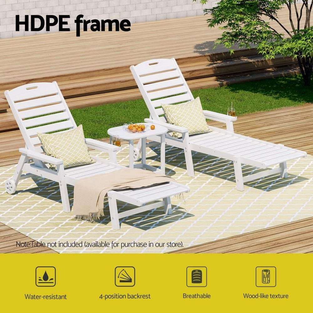 Gardeon Sun Lounge Lounger Beach Chair HDPE Patio Outdoor Furniture with Wheels White | Furniture > Outdoor > Outdoor Chairs
