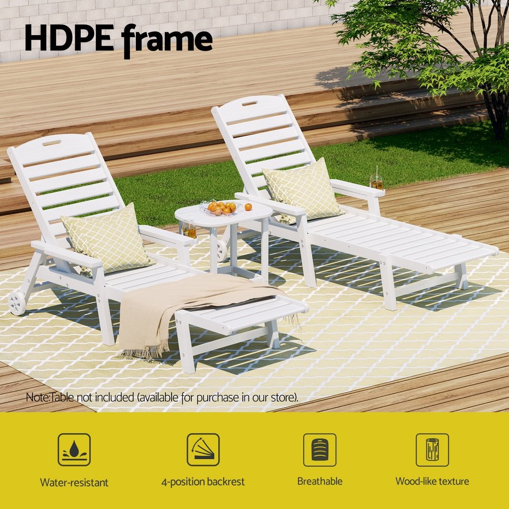 Gardeon Sun Lounge Lounger Beach Chair HDPE Patio Outdoor Furniture with Wheels White | Outdoorium