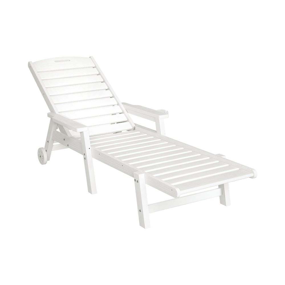 Gardeon Sun Lounge Lounger Beach Chair HDPE Patio Outdoor Furniture with Wheels White | Outdoorium