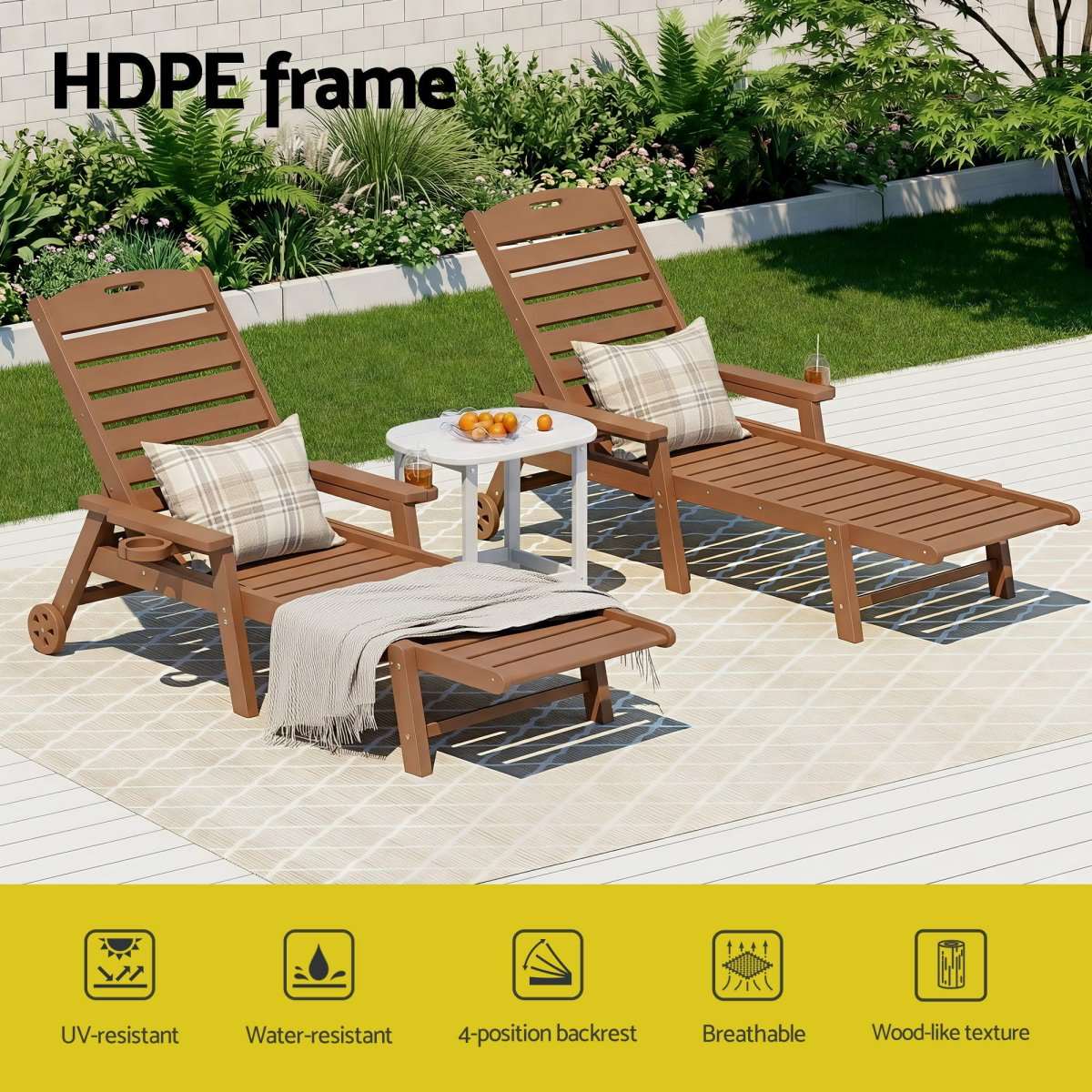 Gardeon Sun Lounge Lounger Table and Chairs Beach Chair HDPE Patio Outdoor Furniture Wheels Brown | Furniture > Outdoor > Outdoor Chairs