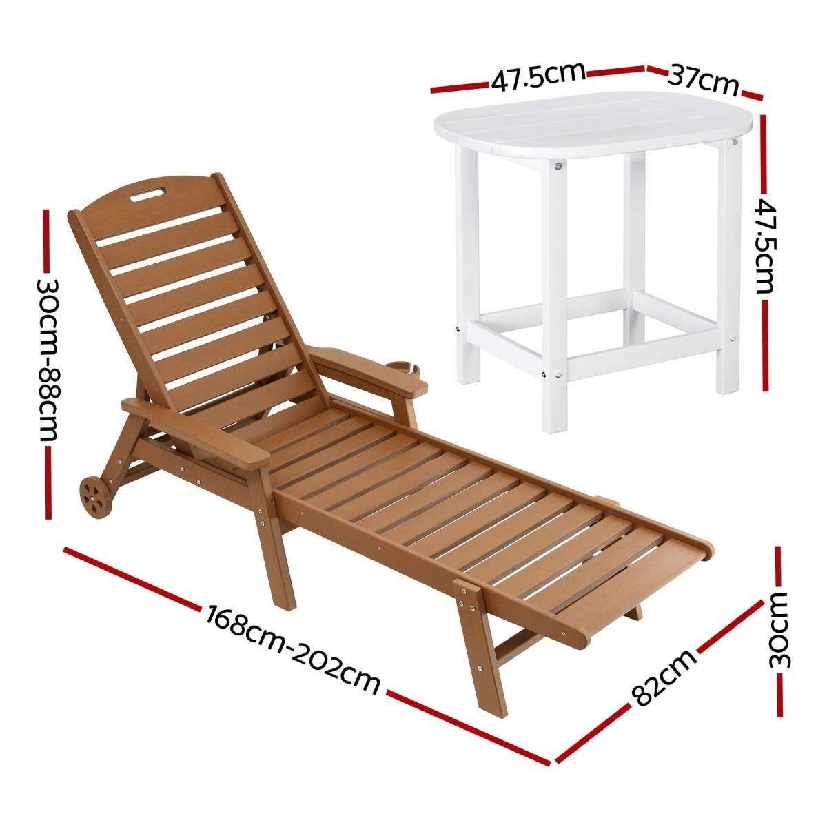 Gardeon Sun Lounge Lounger Table and Chairs Beach Chair HDPE Patio Outdoor Furniture Wheels Brown | Furniture > Outdoor > Outdoor Chairs