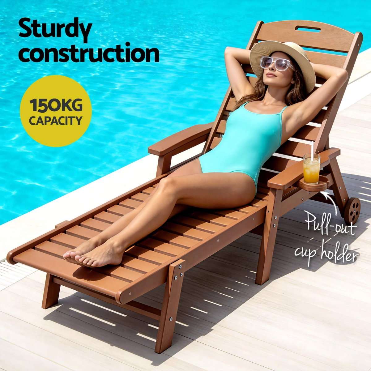 Gardeon Sun Lounge Lounger Table and Chairs Beach Chair HDPE Patio Outdoor Furniture Wheels Brown | Furniture > Outdoor > Outdoor Chairs