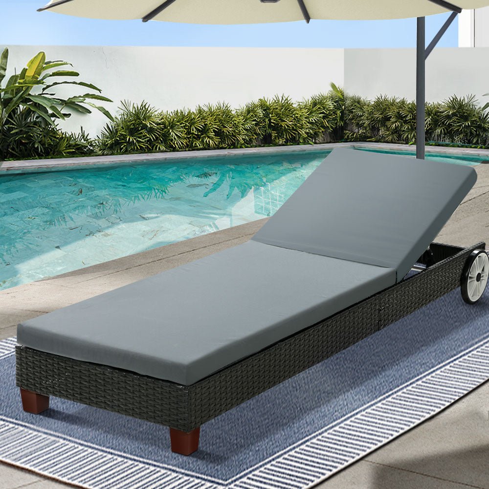 Gardeon Sun Lounge Wicker Lounger Outdoor Furniture Day Bed Wheels Patio Black - Outdoorium