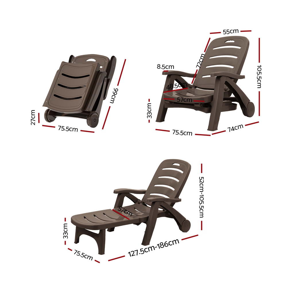 Gardeon Sun Lounger Folding Lounge Chair Wheels Patio Outdoor Furniture Brown - Outdoorium