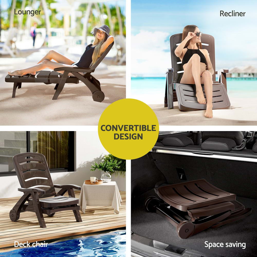 Gardeon Sun Lounger Folding Lounge Chair Wheels Patio Outdoor Furniture Brown - Outdoorium