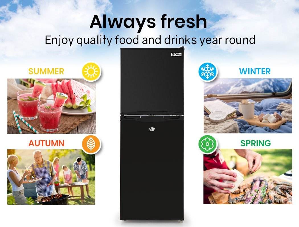 GECKO 125L Portable Fridge Freezer Camping Motorhome Caravan Upright Fridges 12V/24V/240V, Black - Outdoorium