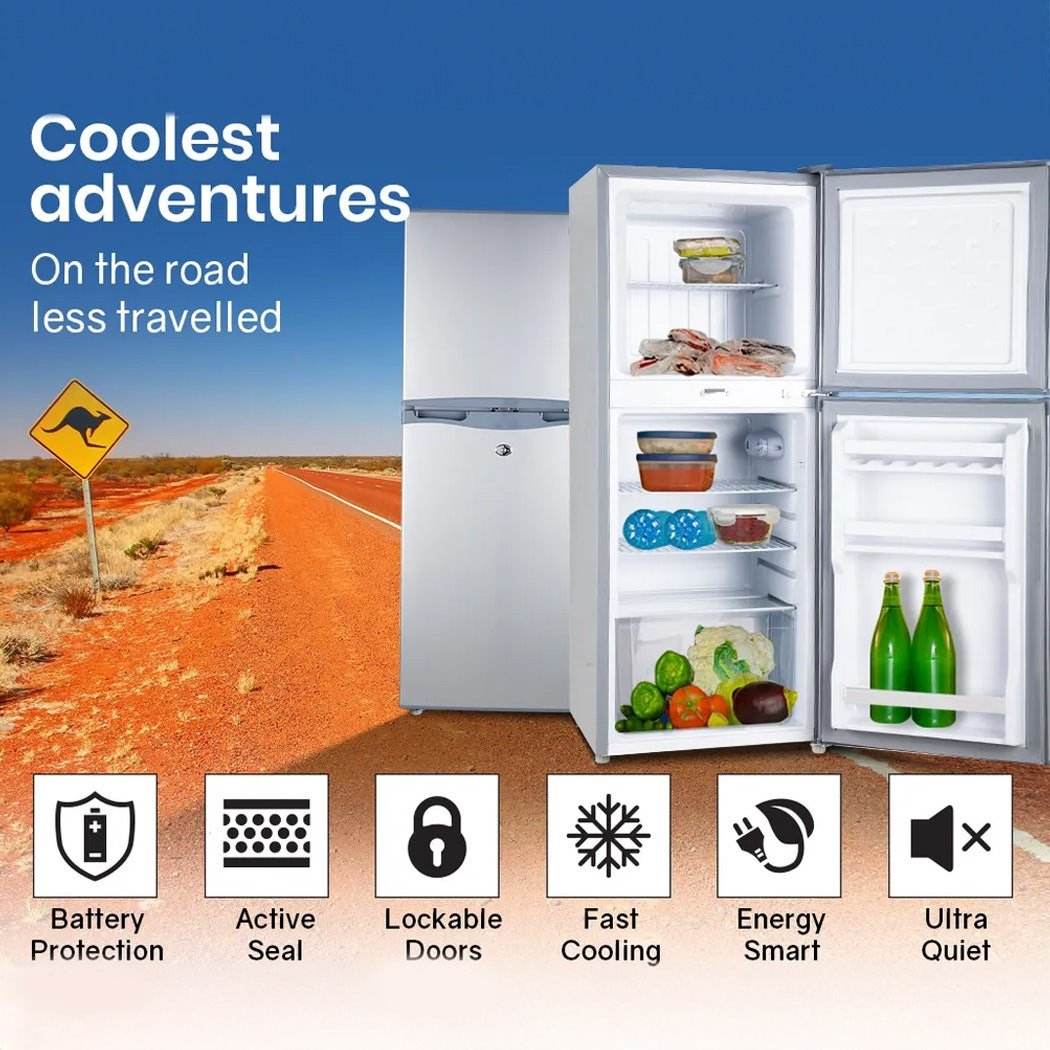 GECKO 125L Portable Fridge Freezer Camping Motorhome Caravan Upright Fridges 12V/24V/240V, Silver - Outdoorium
