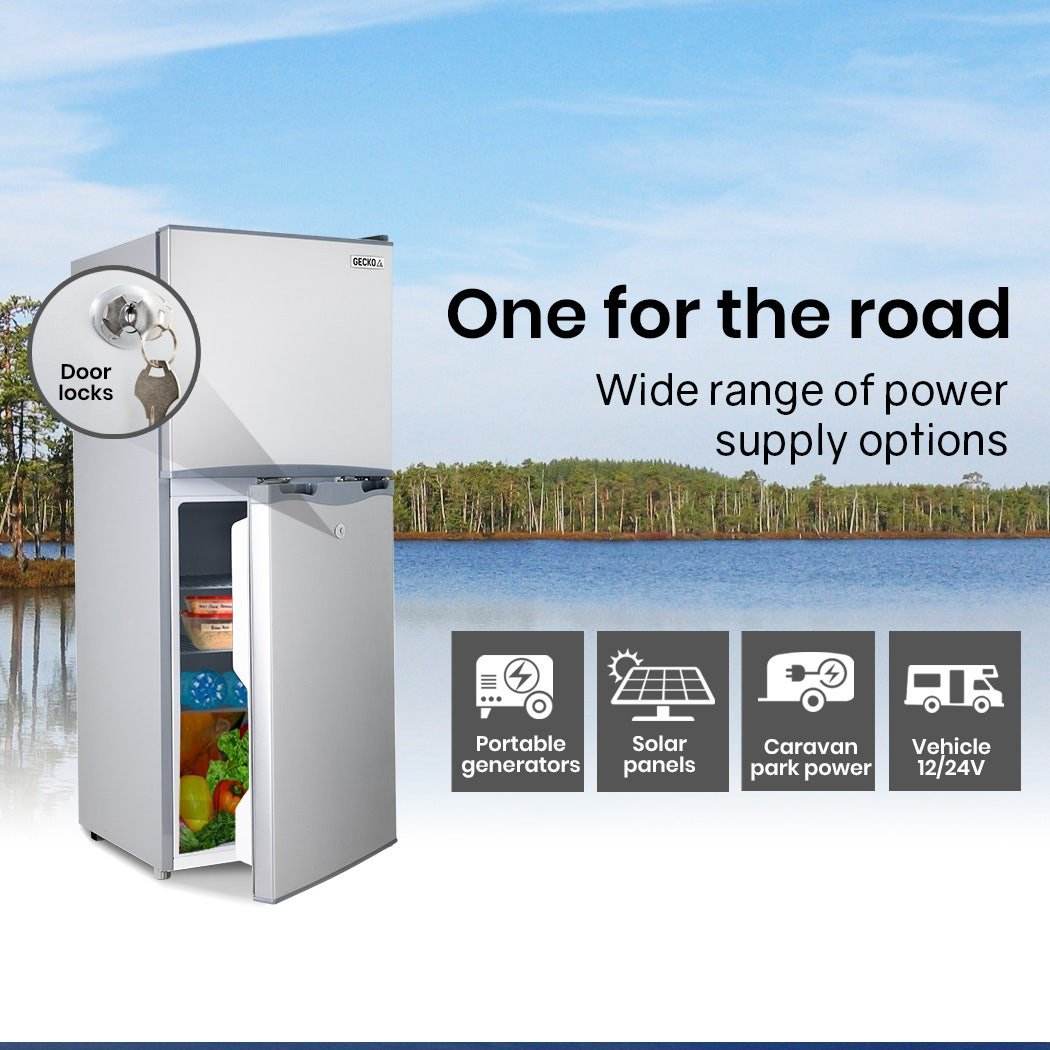 GECKO 125L Portable Fridge Freezer Camping Motorhome Caravan Upright Fridges 12V/24V/240V, Silver - Outdoorium