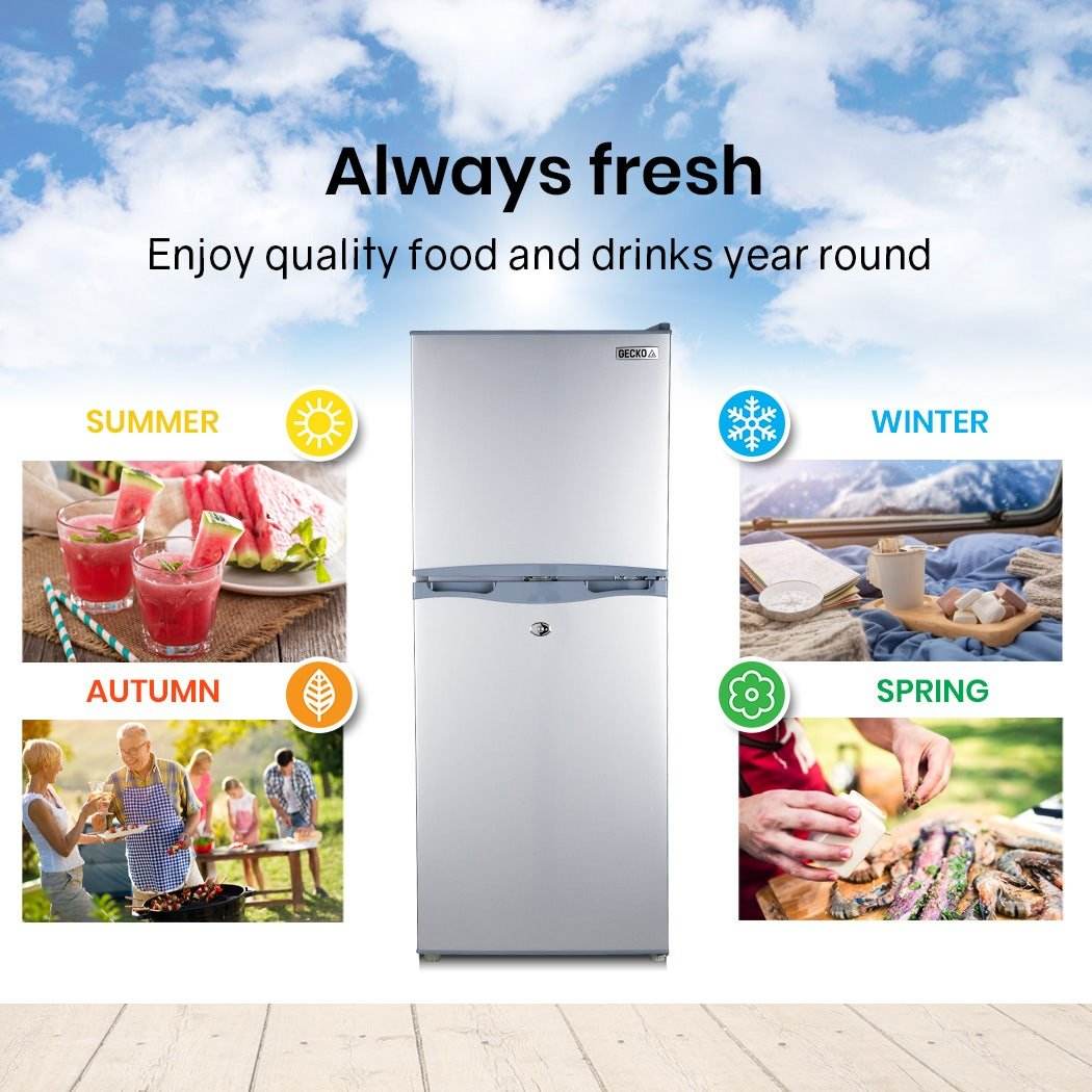 GECKO 125L Portable Fridge Freezer Camping Motorhome Caravan Upright Fridges 12V/24V/240V, Silver - Outdoorium