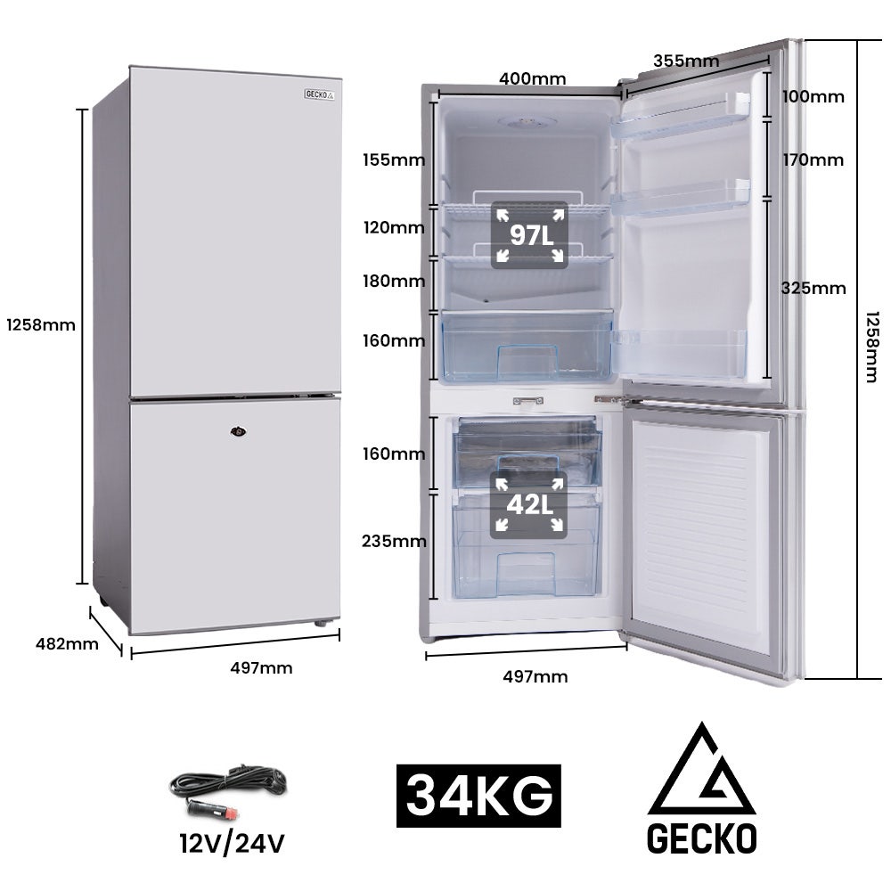 GECKO 139L Upright Portable Fridge / Freezer, 12V/24V for Motorhome and Caravan, Silver | Outdoorium