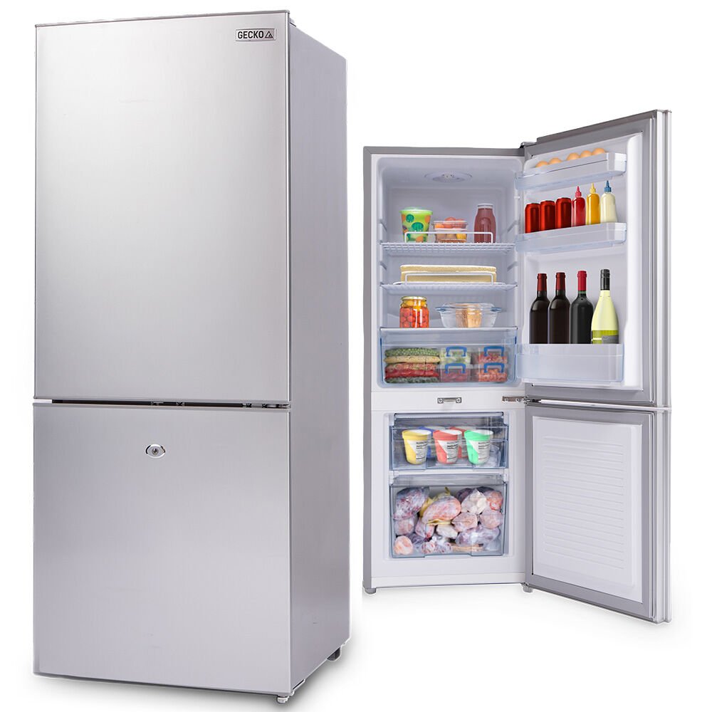 GECKO 139L Upright Portable Fridge / Freezer, 12V/24V/240V for Motorhome and Caravan, Silver - Outdoorium