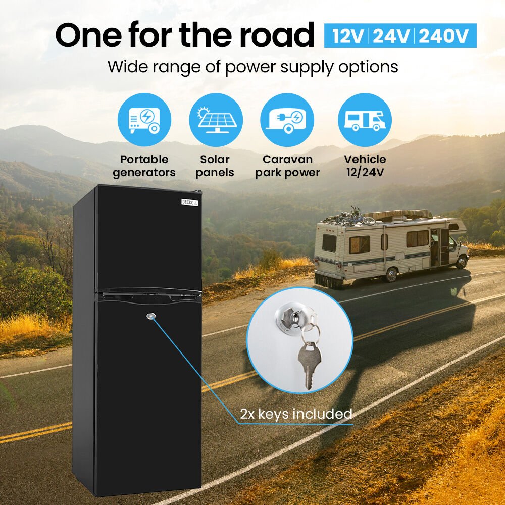 GECKO 142L Upright Portable Fridge / Freezer, 12V/24V for Motorhome and Caravan, Black | Outdoorium