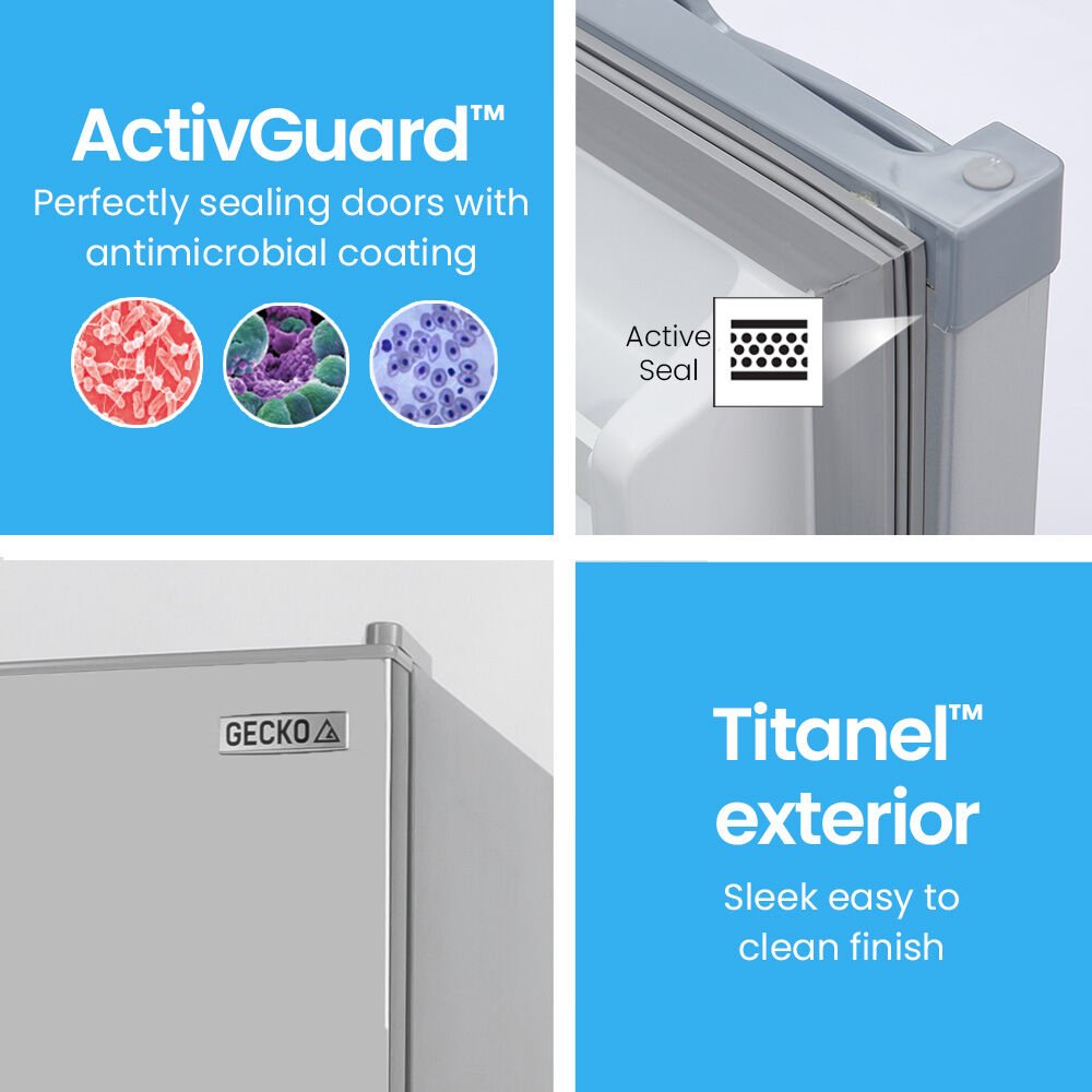 GECKO 142L Upright Portable Fridge / Freezer, 12V/24V for Motorhome and Caravan, Silver | Outdoorium