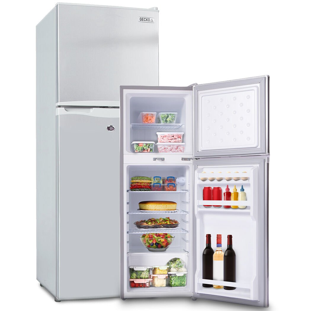 GECKO 142L Upright Portable Fridge / Freezer, 12V/24V/240V for Motorhome and Caravan, Silver - Outdoorium