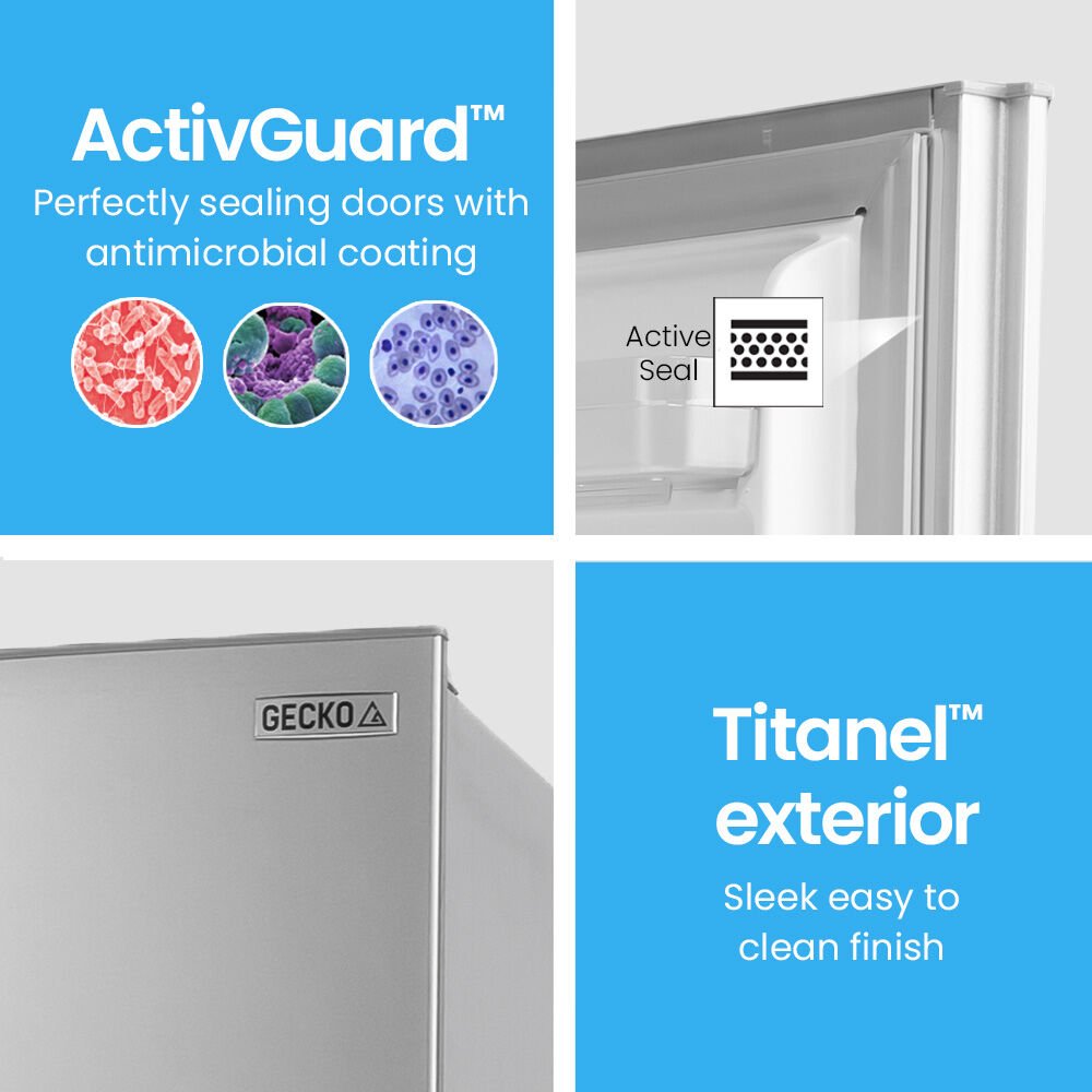 GECKO 160L Upright Portable Fridge / Freezer, 12V/24V for Motorhome and Caravan, Silver | Outdoorium