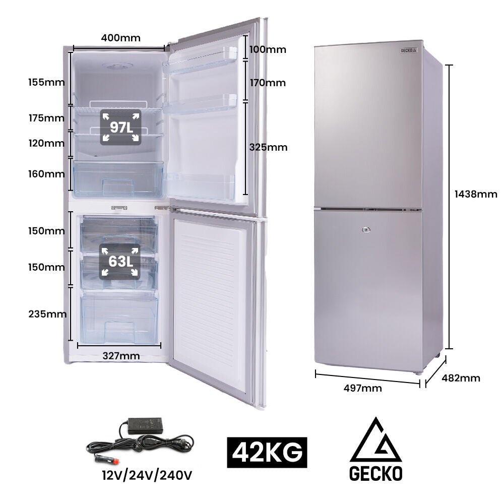 GECKO 160L Upright Portable Fridge / Freezer, 12V/24V for Motorhome and Caravan, Silver | Outdoorium