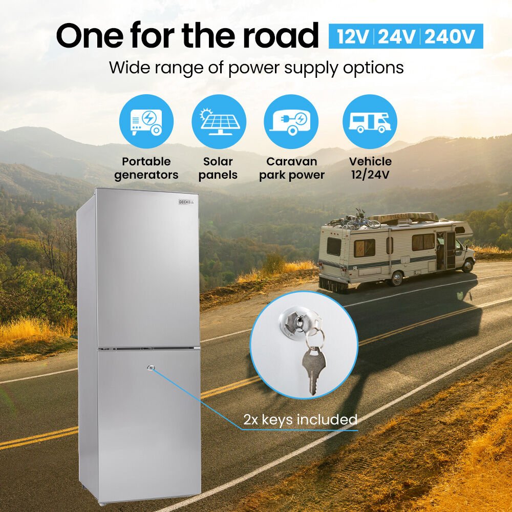 GECKO 160L Upright Portable Fridge / Freezer, 12V/24V for Motorhome and Caravan, Silver | Outdoorium