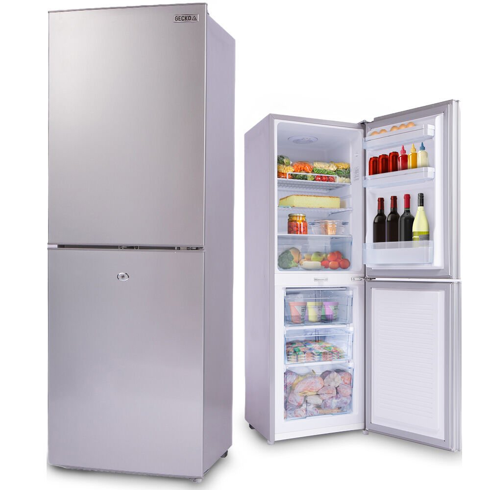 GECKO 160L Upright Portable Fridge / Freezer, 12V/24V/240V for Motorhome and Caravan, Silver - Outdoorium