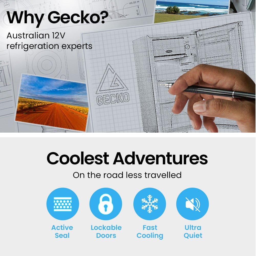 GECKO 70L Portable Bar Fridge and Freezer 12V/24V for Camping, Caravans, Silver | Outdoorium