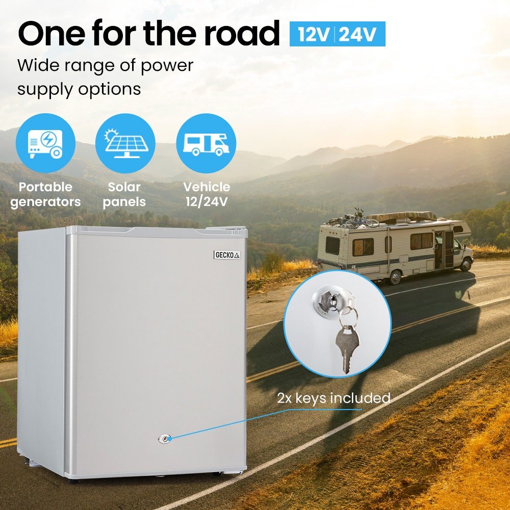 GECKO 70L Portable Bar Fridge and Freezer 12V/24V for Camping, Caravans, Silver | Outdoorium