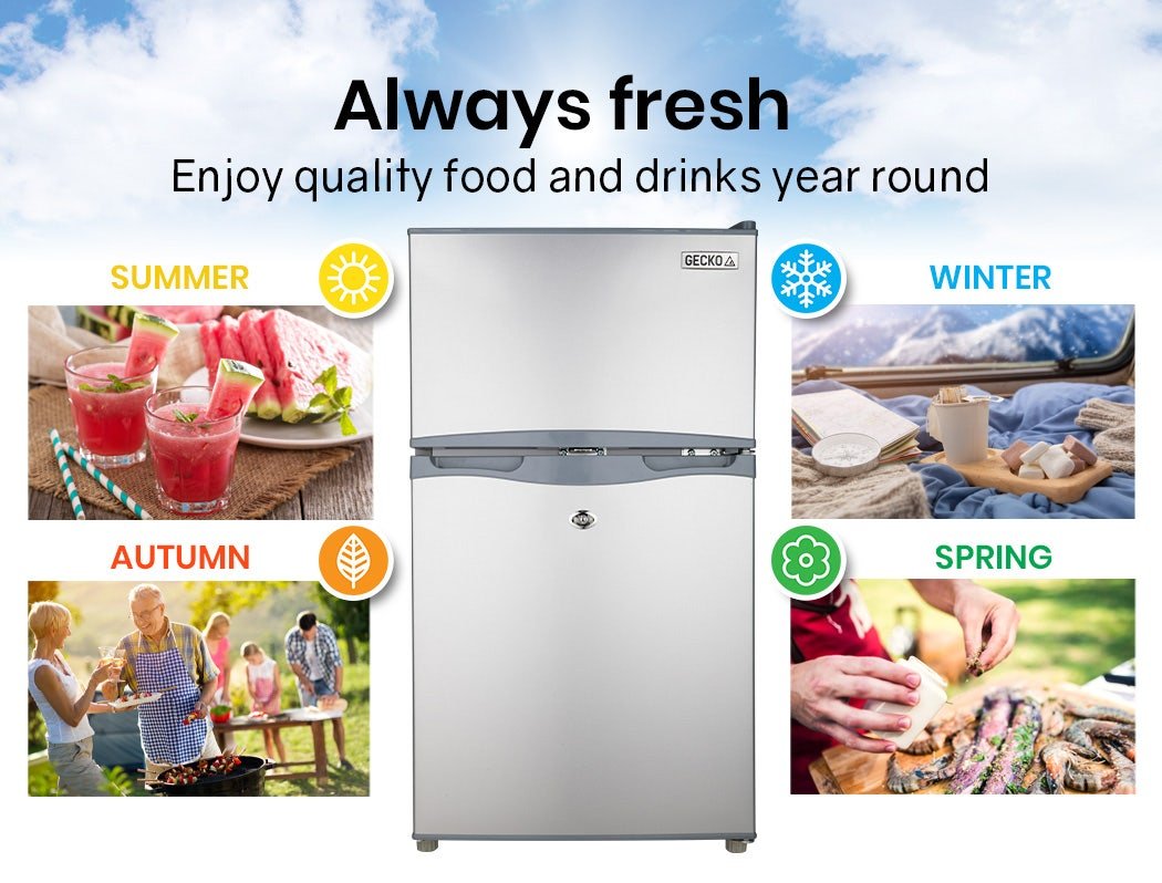 GECKO 95L Portable Upright Fridge, 12V/24V for Motorhome, Caravan, Silver | Outdoorium