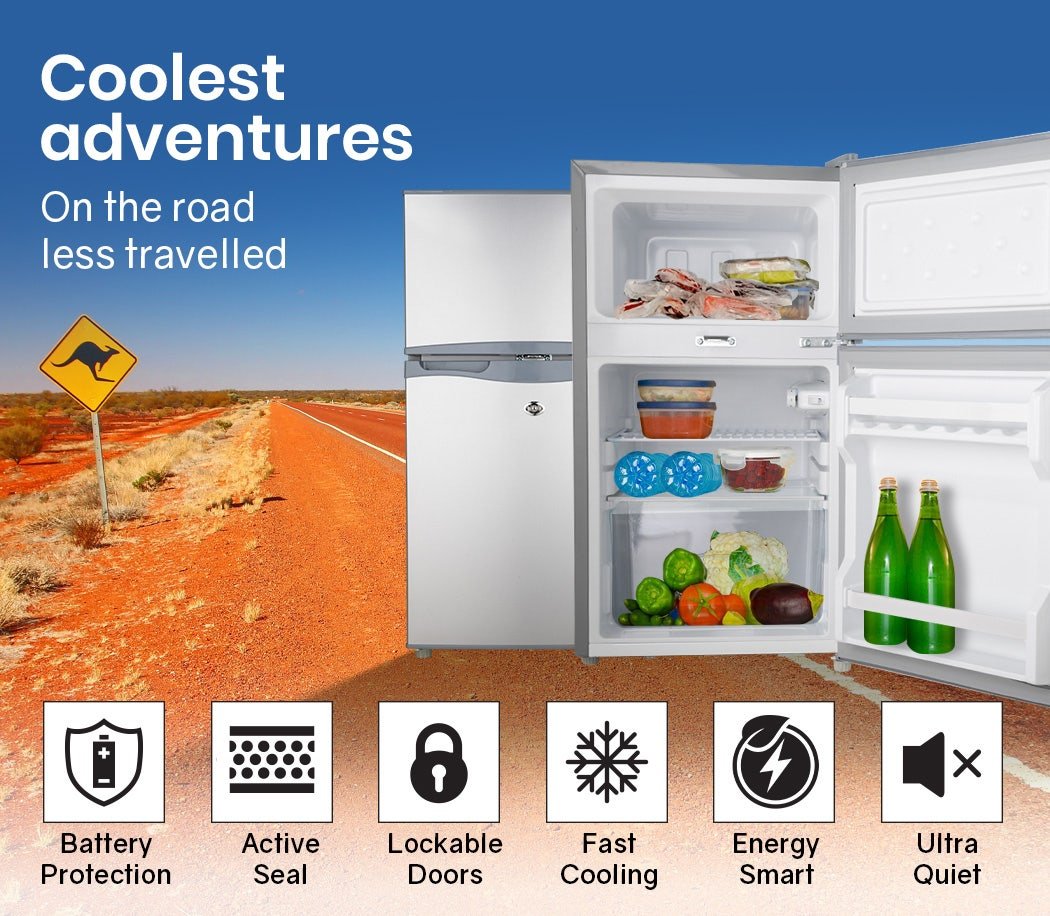 GECKO 95L Portable Upright Fridge, 12V/24V for Motorhome, Caravan, Silver | Outdoorium