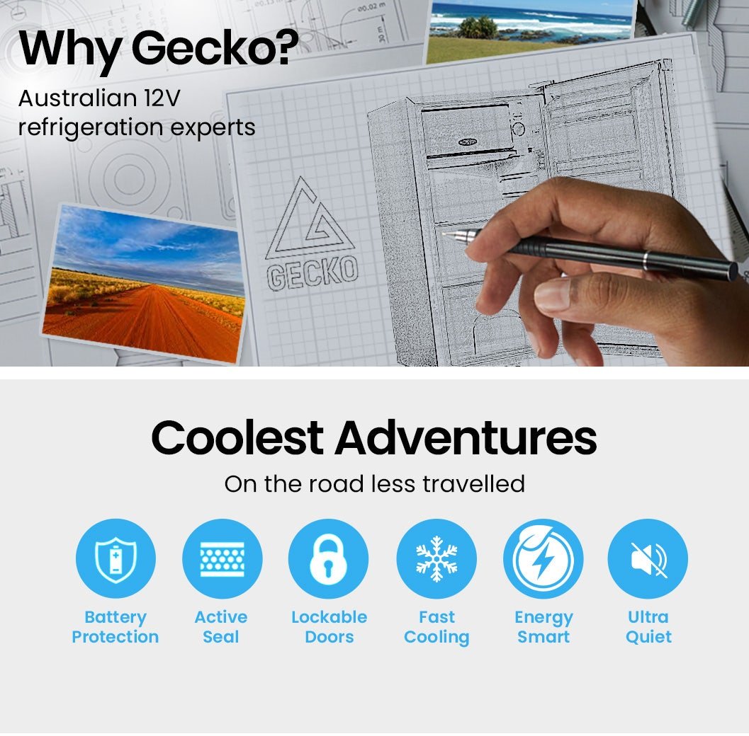 GECKO 95L Portable Upright Fridge, 12V/24V for Motorhome, Caravan, Silver | Outdoorium