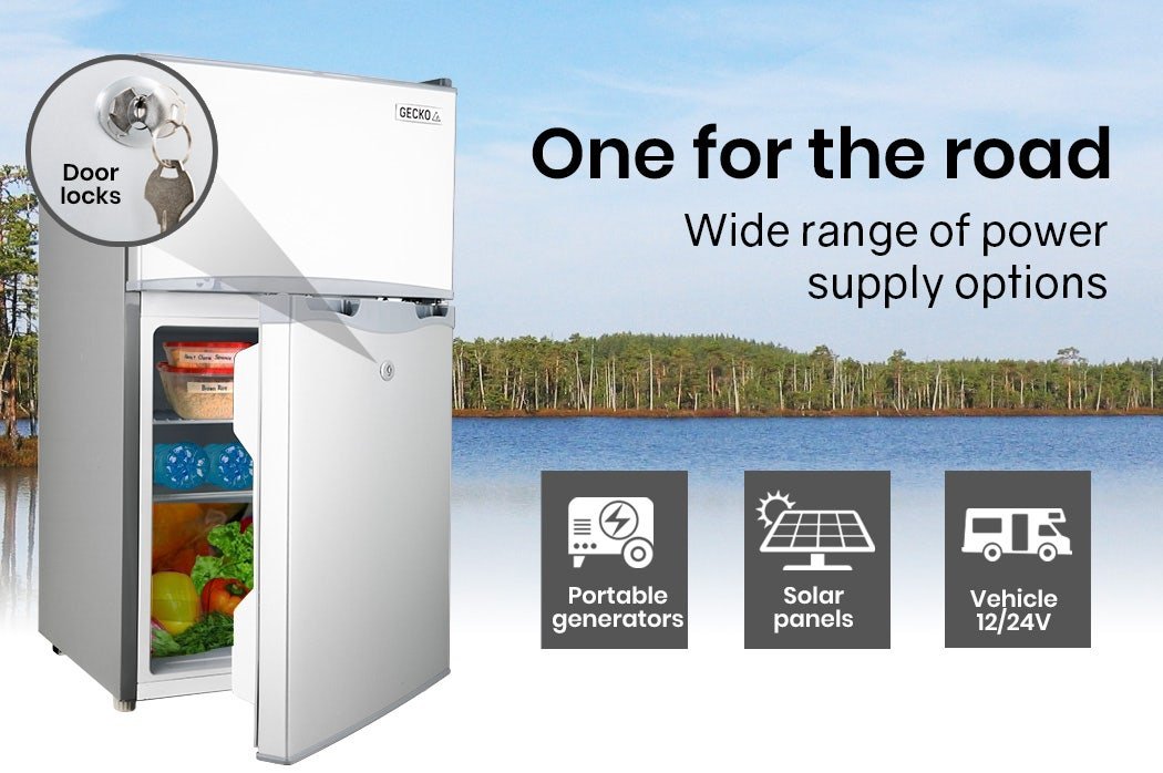 GECKO 95L Portable Upright Fridge, 12V/24V for Motorhome, Caravan, Silver | Outdoorium