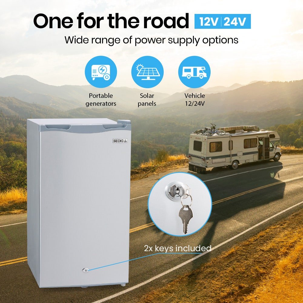 GECKO 95L Portable Upright Fridge and Freezer, 12V/24V for Camping, Caravans, Silver | Outdoorium