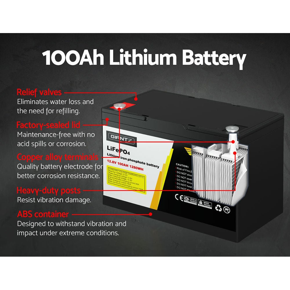 Giantz 12V 100Ah Lithium Battery LiFePO4 Deep Cycle Box Solar Caravan Camping - Outdoorium