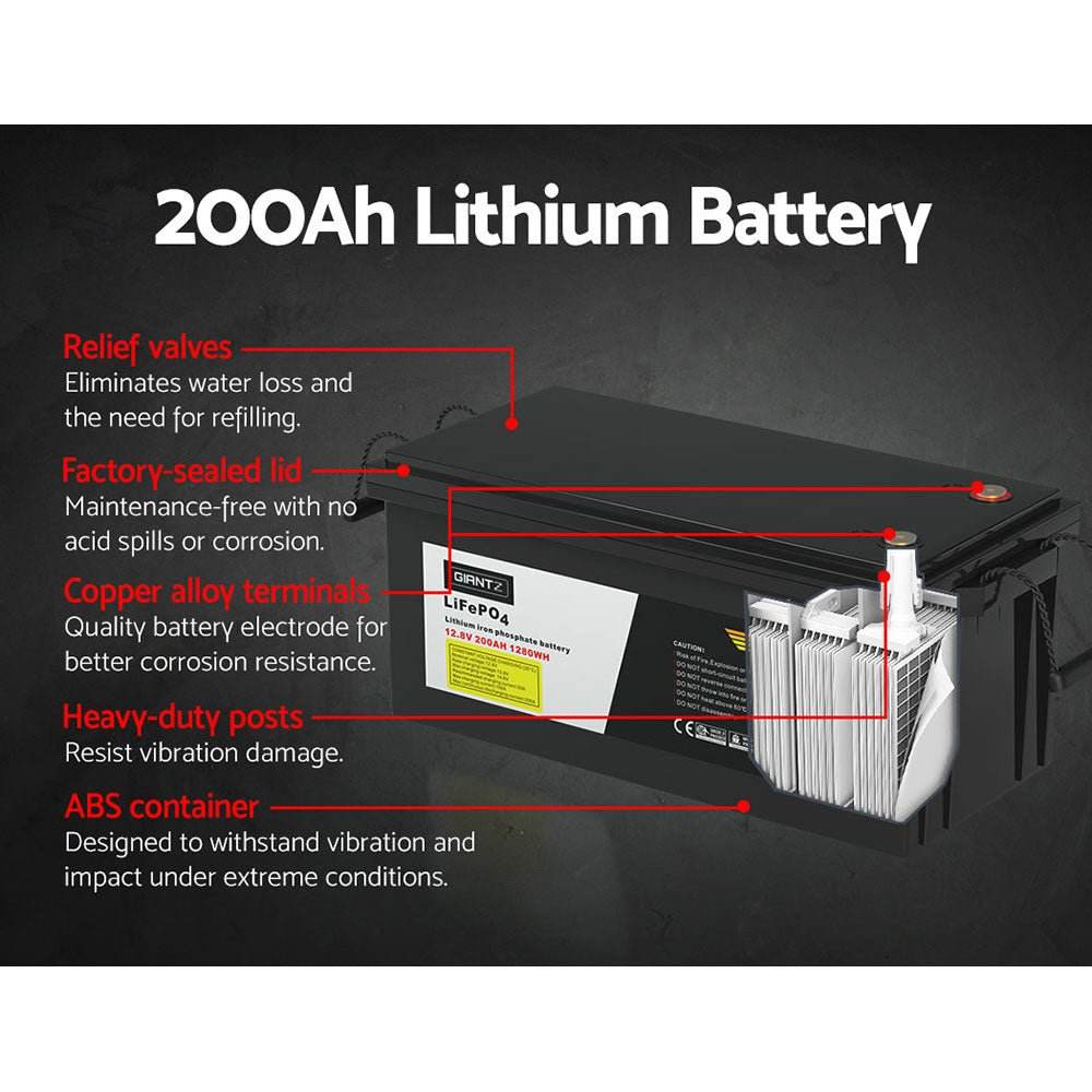 Giantz 12V 200Ah Lithium Battery LiFePO4 Deep Cycle Box Solar Caravan Camping - Outdoorium