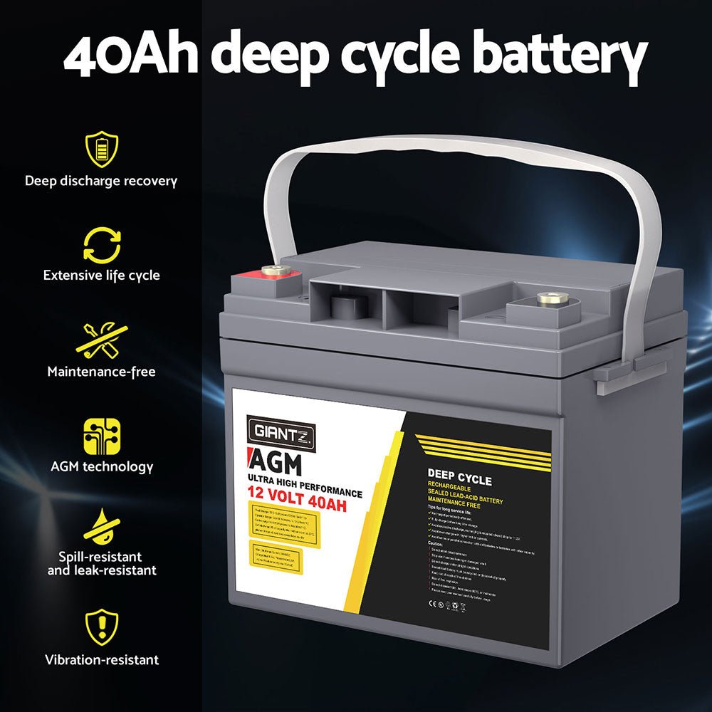 Giantz AGM Battery 12V 40Ah Deep Cycle Box Portable Solar Caravan Camping - Outdoorium