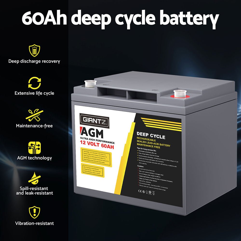 Giantz AGM Battery 12V 60Ah Deep Cycle Box Portable Solar Caravan Camping - Outdoorium