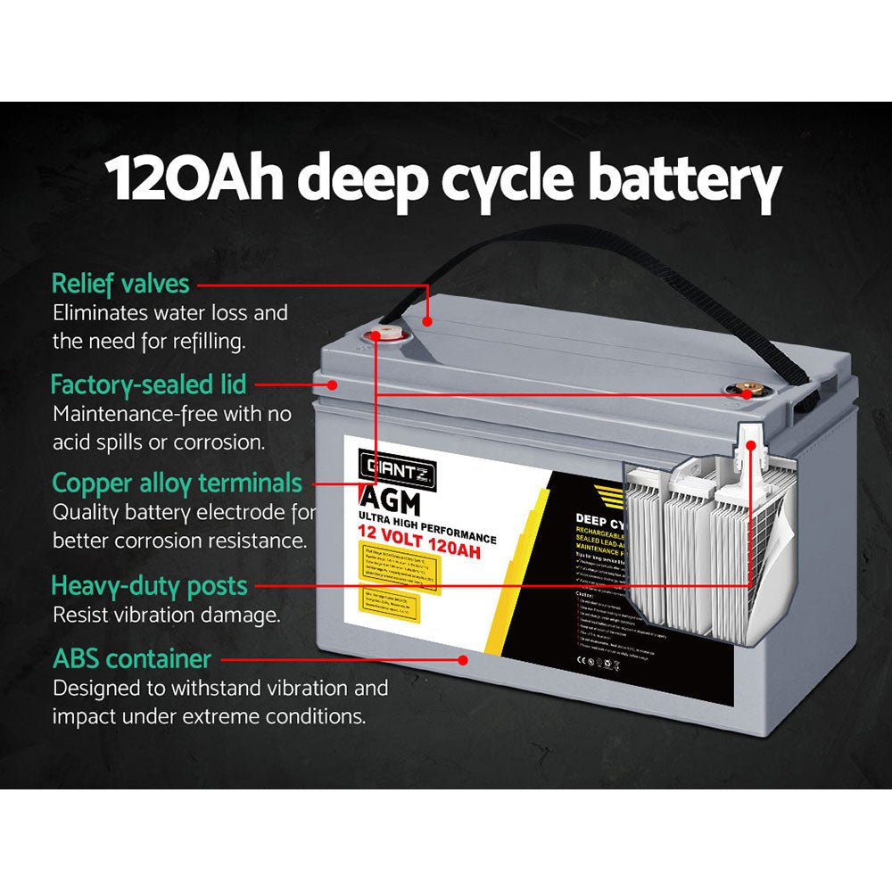 Giantz AGM Deep Cycle Battery 12V 120Ah x2 Box Portable Solar Caravan Camping - Outdoorium