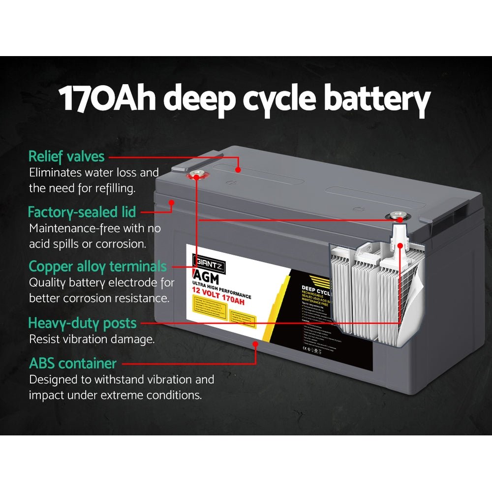 Giantz AGM Deep Cycle Battery 12V 170Ah Box Portable Solar Caravan Camping - Outdoorium