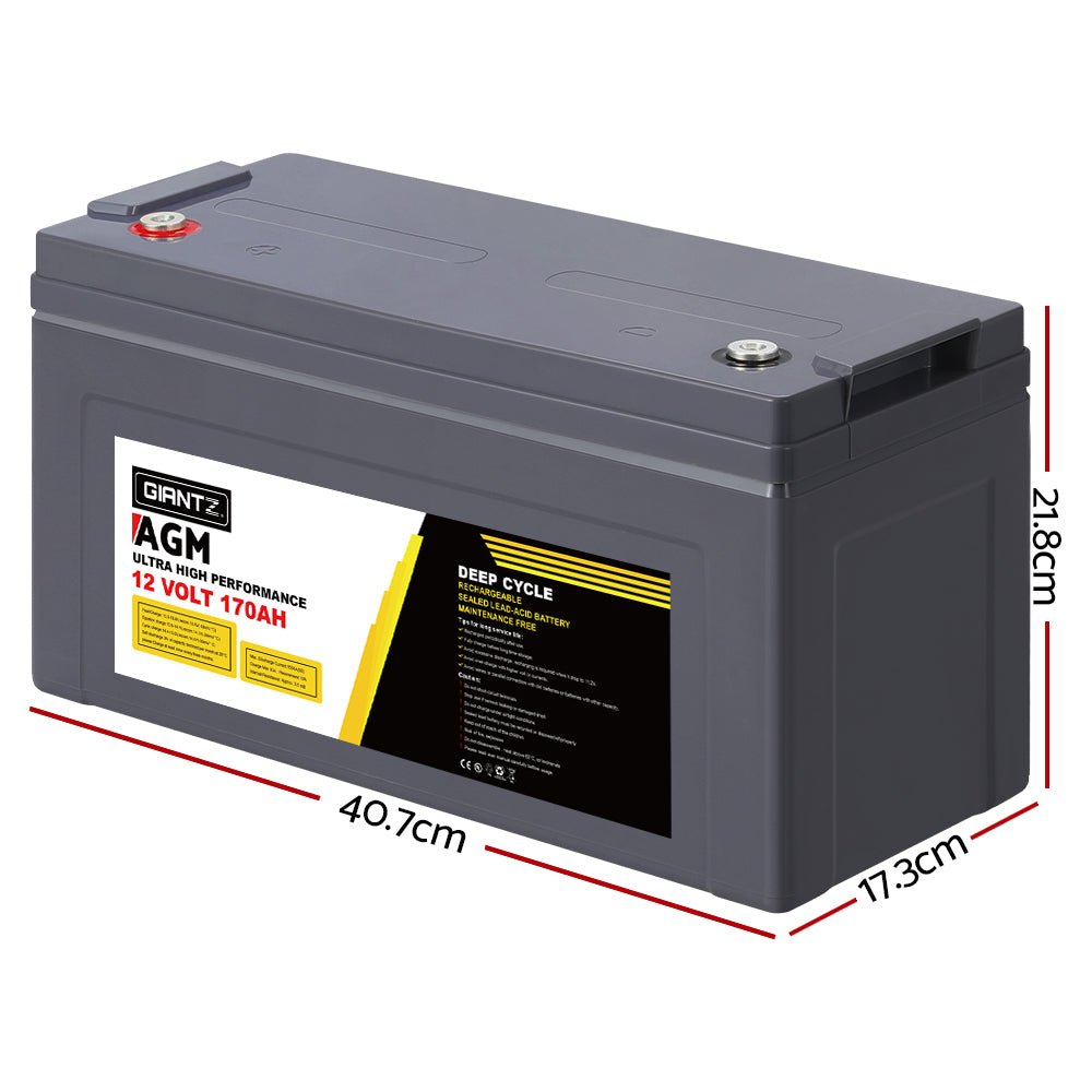 Giantz AGM Deep Cycle Battery 12V 170Ah Box Portable Solar Caravan Camping - Outdoorium