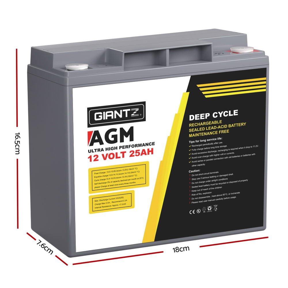 Giantz AGM Deep Cycle Battery 12V 25Ah Box Portable Solar Caravan Camping | Outdoorium