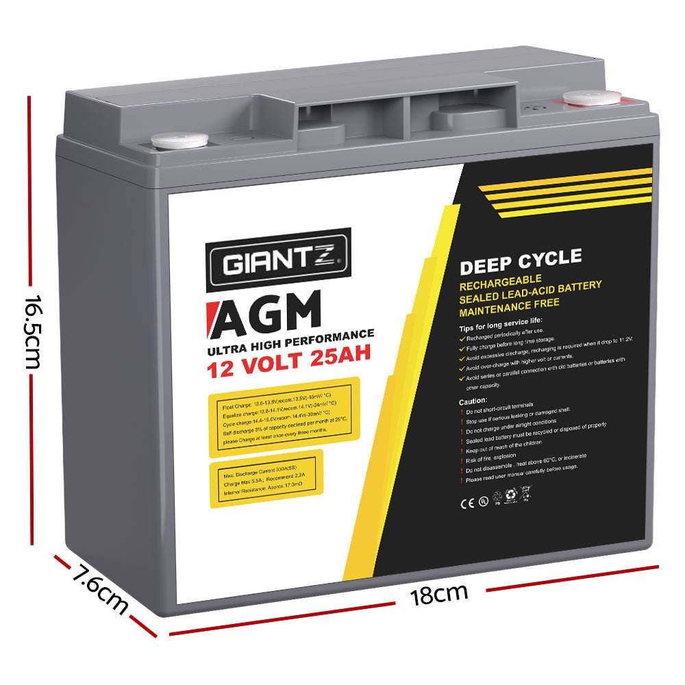 Giantz AGM Deep Cycle Battery 12V 25Ah Box Portable Solar Caravan Camping - Outdoorium