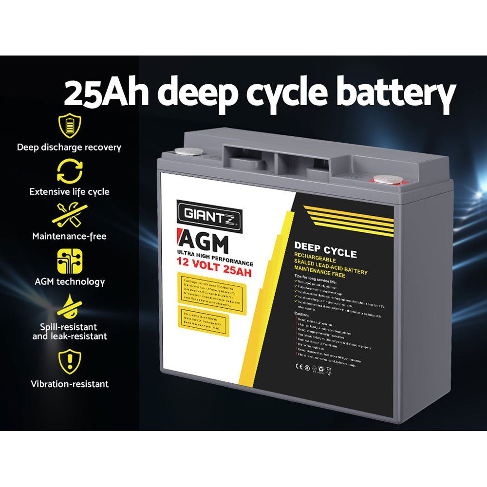 Giantz AGM Deep Cycle Battery 12V 25Ah Box Portable Solar Caravan Camping - Outdoorium